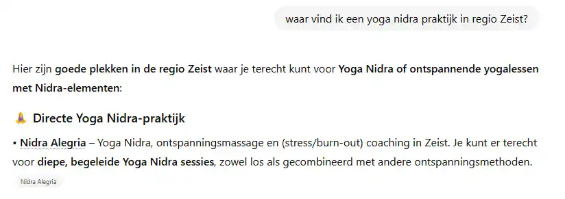 massagepraktijk nidra alegria is vindbaar via chatgpt