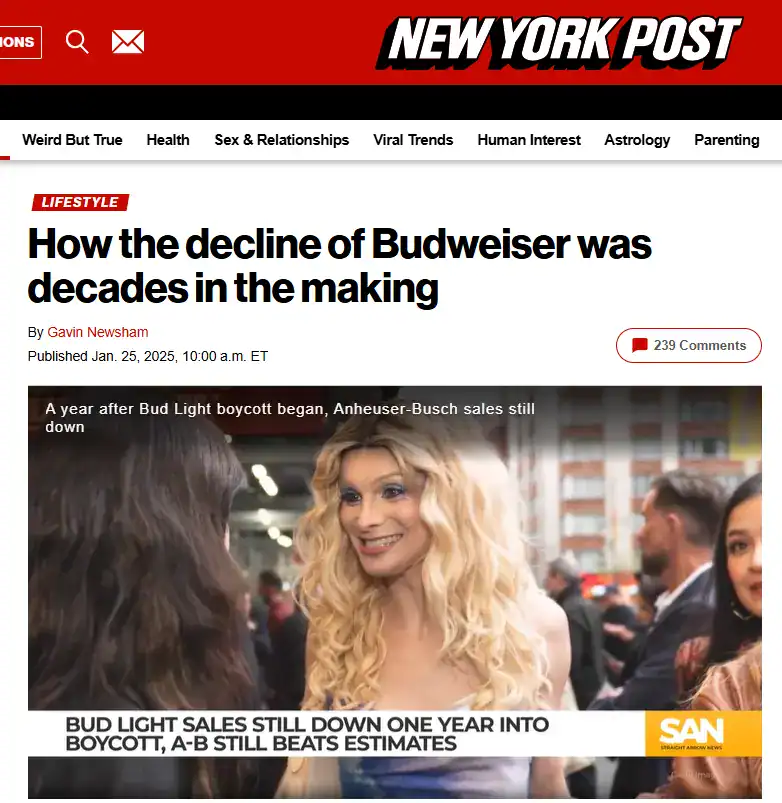 screenshot van nieuwsartikel new york times over de campagne van bud light met dylan mulvany