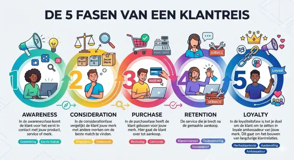 een illustratie van de 5 verschillende fasen van een klantreis
