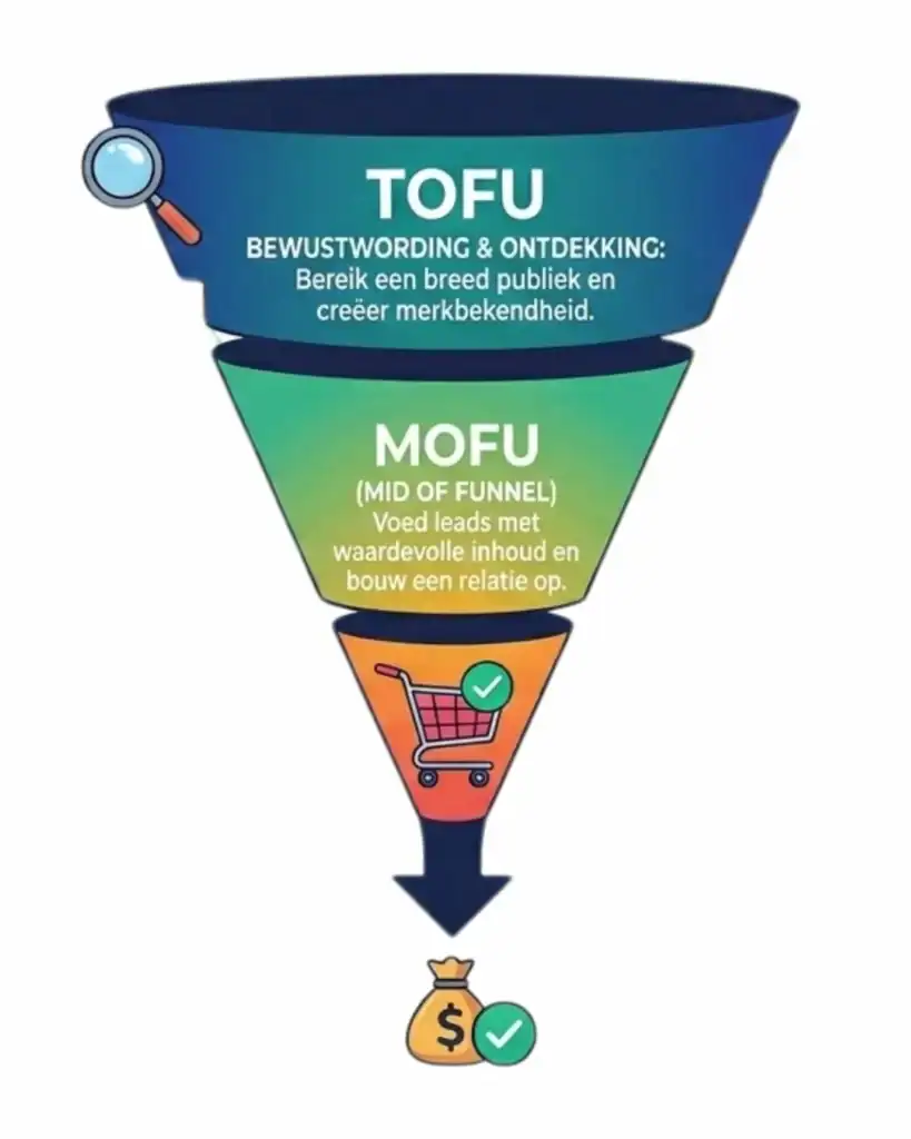 TOFU/MOFU/BOFU-funnel en verdeelt de klantreis in drie fases: Top of Funnel (TOFU), Middle of Funnel (MOFU) en Bottom of Funnel (BOFU)