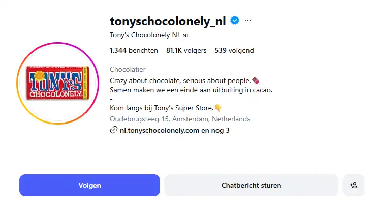 screenshot van het instagramaccount van tony chocolonely