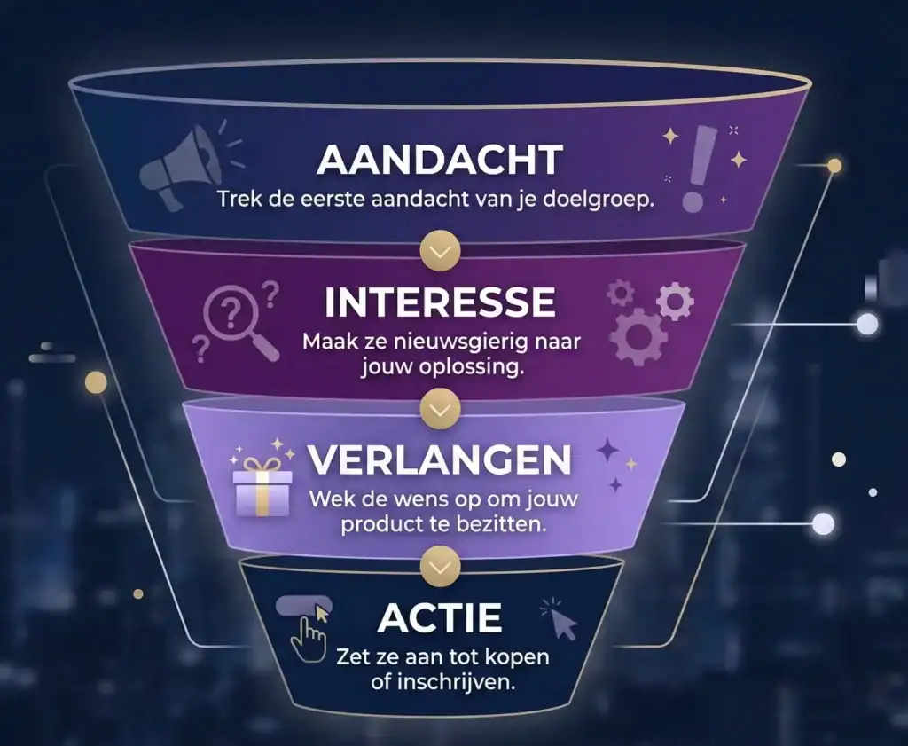 een illustratie van het AIDA-model met de fasen: aandacht, interesse, verlangen en actie