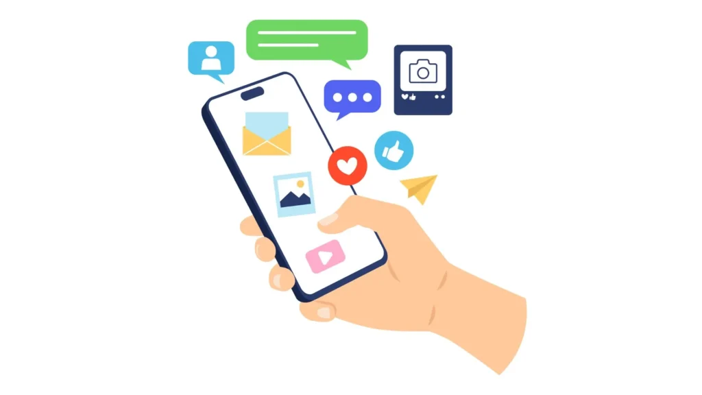 een illustratie van een hand die scrolt op de telefoon en meldingen krijgt