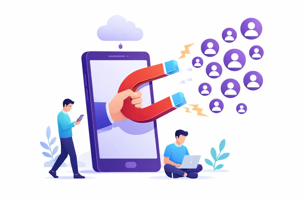 een illustratie van een magneet uit een smartphone die mensen aantrekt, wat 'klanten aantrekken via social media' aanduidt