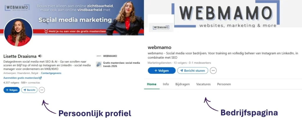 screenshot van een bedrijfspagina en persoonlijk profiel op LinkedIn