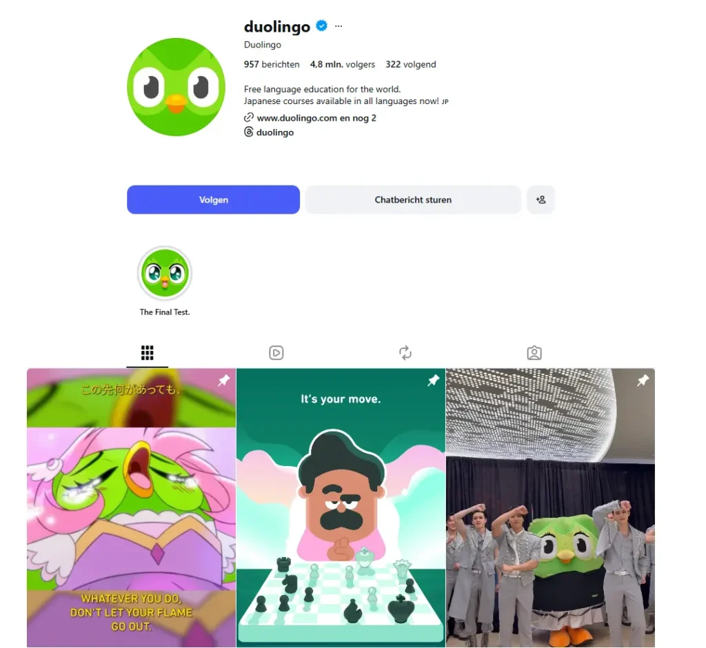 screenshot van het instagramaccount van duolingo