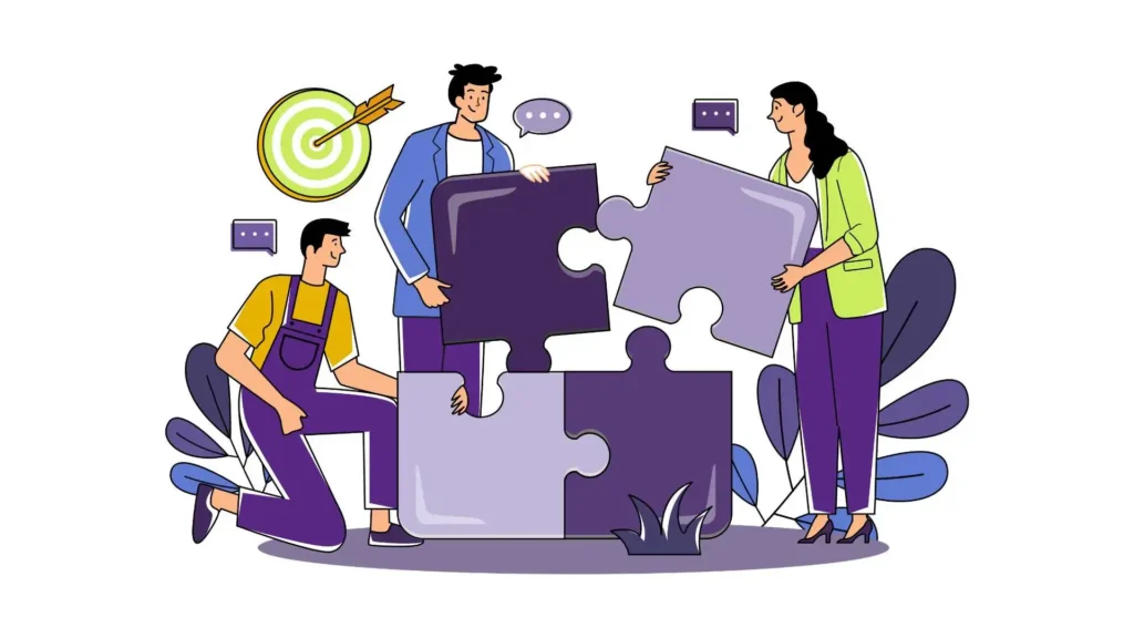 illustratie van 3 mensen die puzzelstukken vasthouden, wat samenwerken en teamverband uitbeeldt