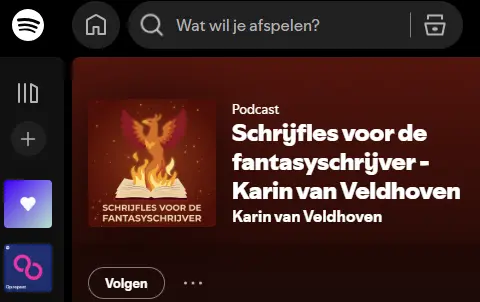screenshot van de pocast "schrijfles voor de fantasyschrijver" van Karin van Veldhoven in Spotify