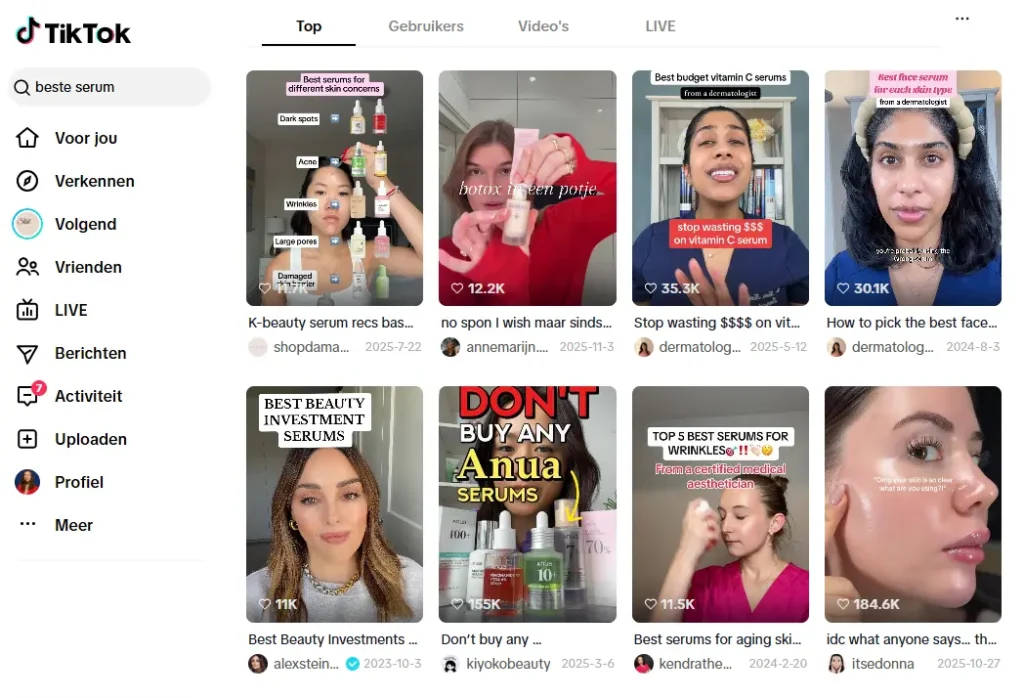 screenshot van een overzicht in tiktok op de zoekopdracht "beste serum"