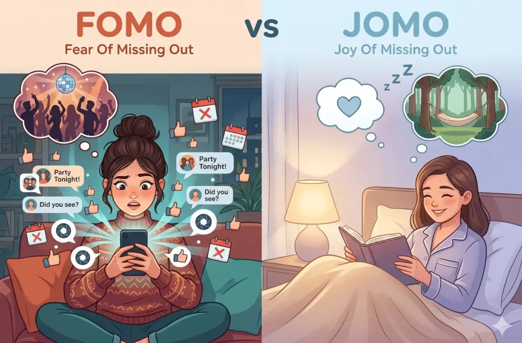 verschil tussen fomo (fear of missing out) en jomo (joy of missing out)