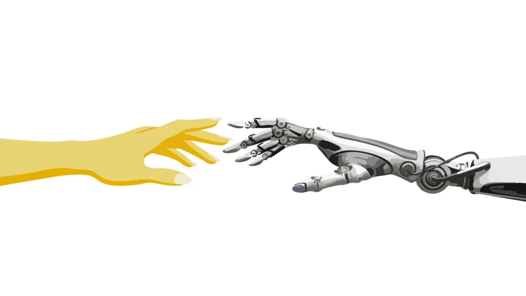 een menselijke hand en een robothand die elkaar proberen aan te raken