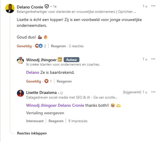screenshot van comments op linkedin over Lisette Draaisma