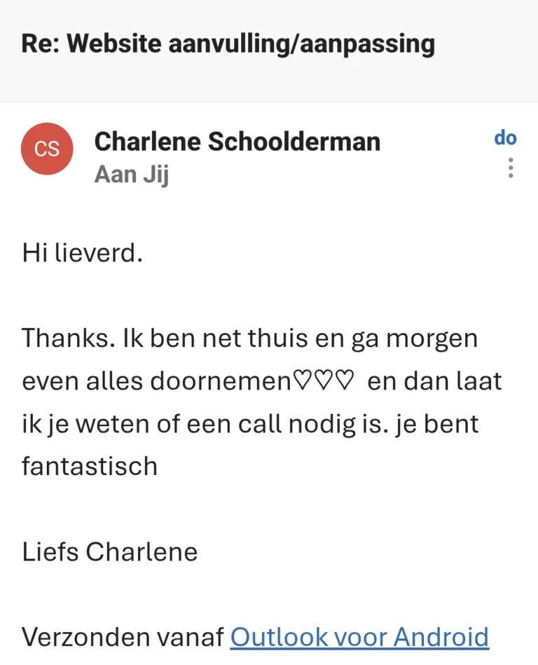 screenshot email gesprek van charlene schoolderman over samenwerking met lisette draaisma